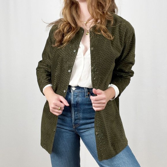 Vintage Jackets & Blazers - Danier Suede Leather Oversized Shacket Button Up Laser Cut Out Green Jacket Coat